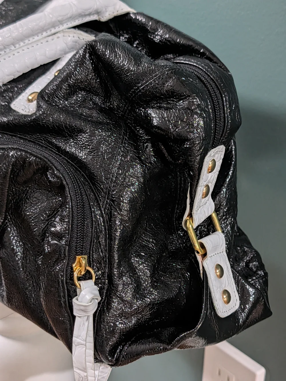 NWOT Sharif Studio Black Patent White Croc Leather Shoulder Bag + Accessory